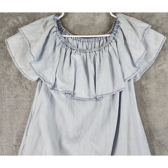 Sneak Peak Dress Womens Small Light Blue Chambray Off the Shoulder Casual Mini - Picture 6 of 11